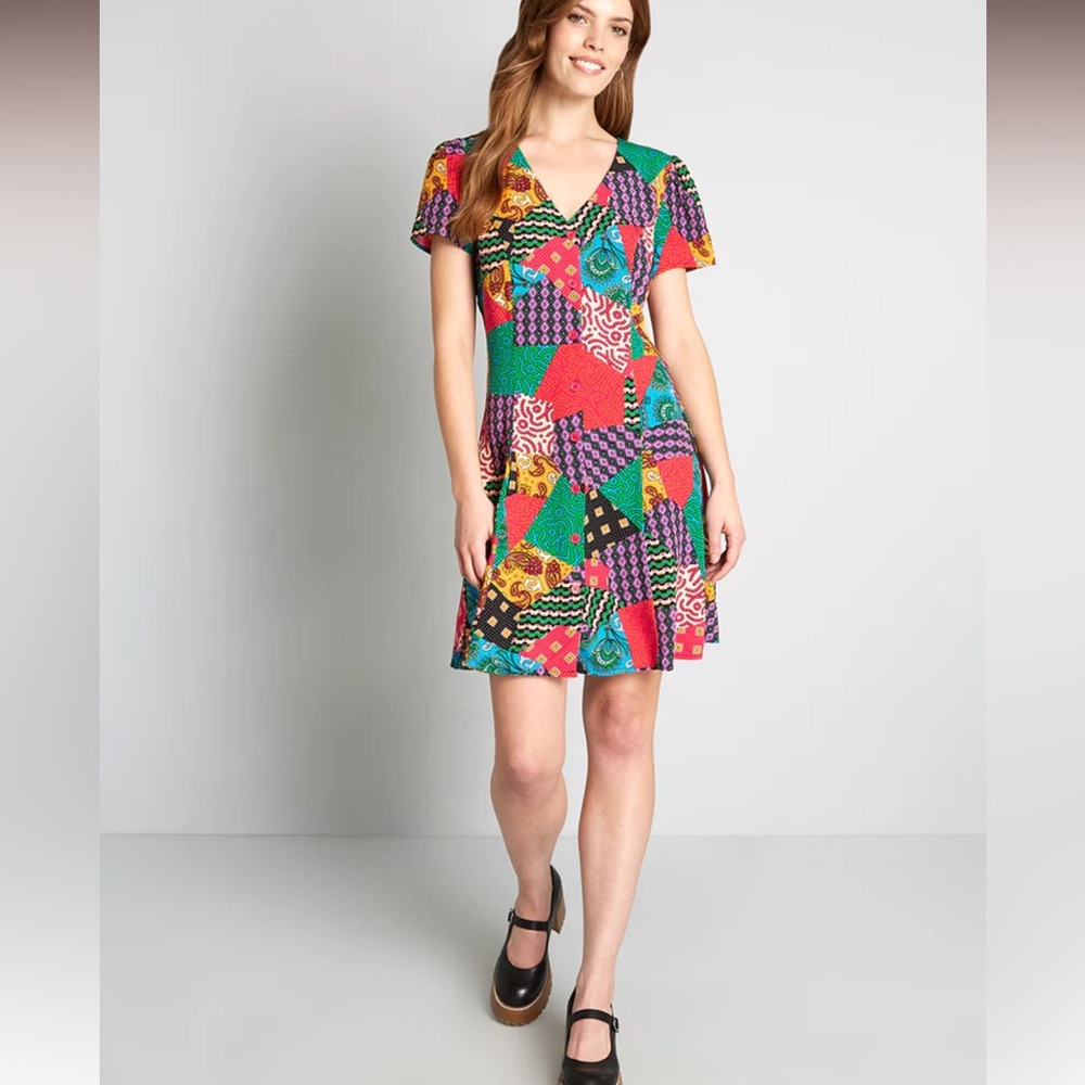Dangerfield X Modcloth Patchwork Button Front Vis… - image 2